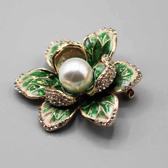 Flower jewelry brooch pin pendant nature white pearl green yellow gold tone - Picture 7 of 12